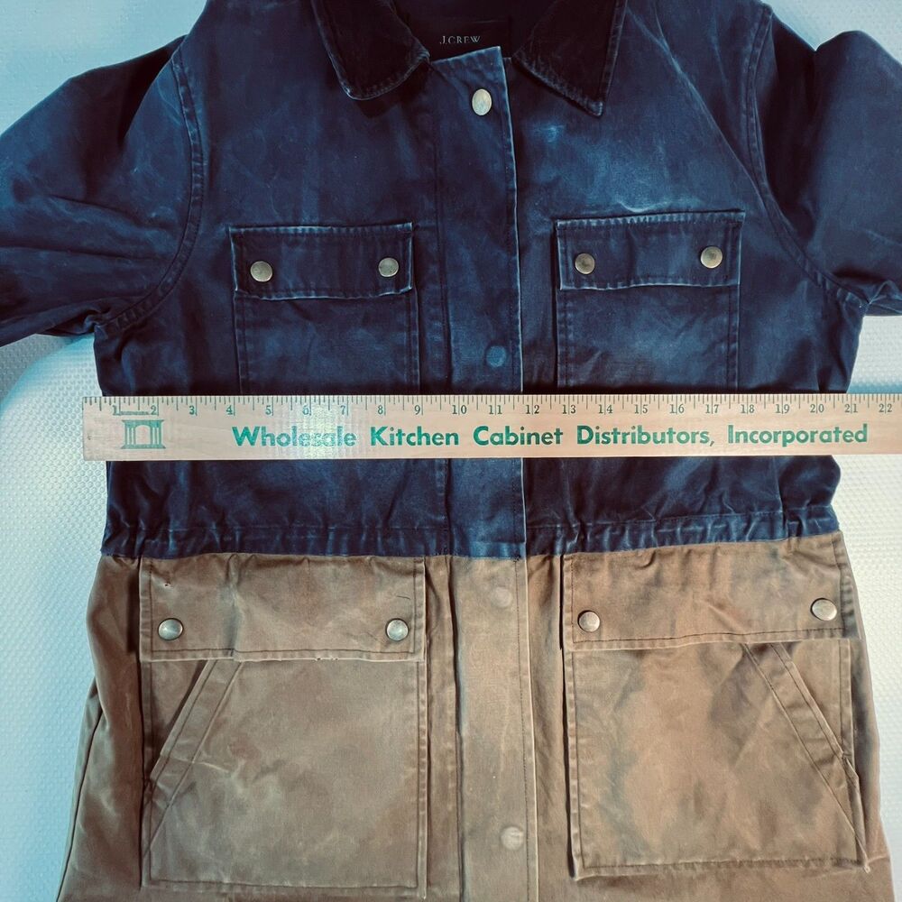 J.Crew Long Colorblock Field Jacket M Waxed Cotton Canvas Navy Tan Barn Chore Co - Picture 15 of 16